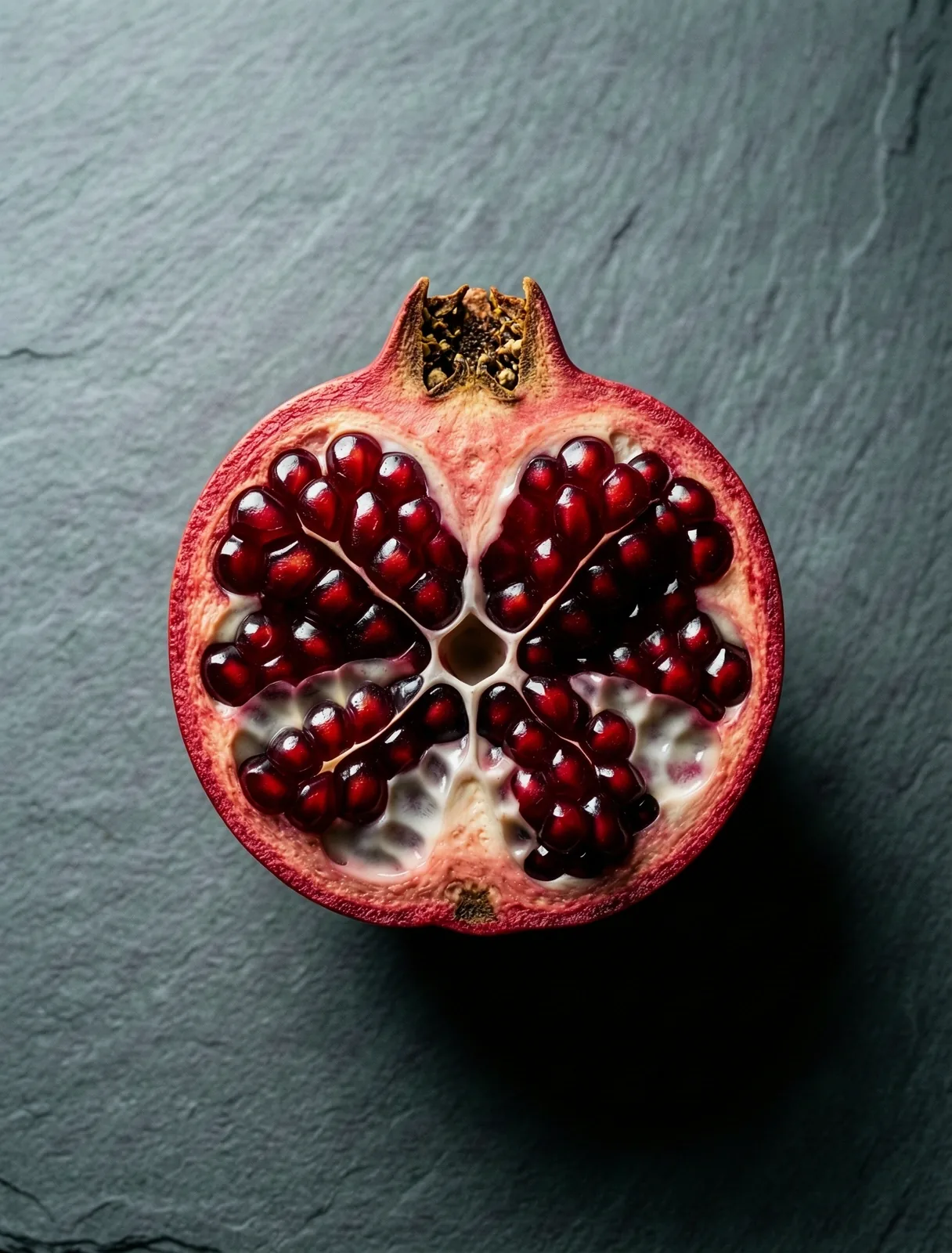 Halved pomegranate specimen on slate